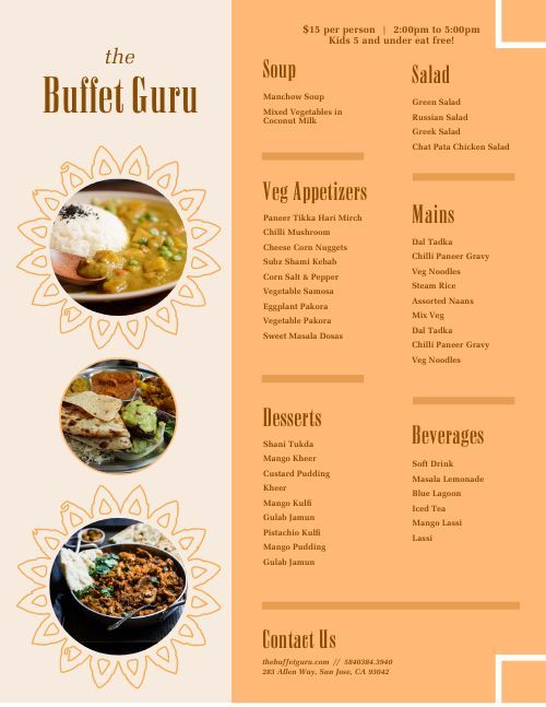 the buffet menu is shown in orange and white