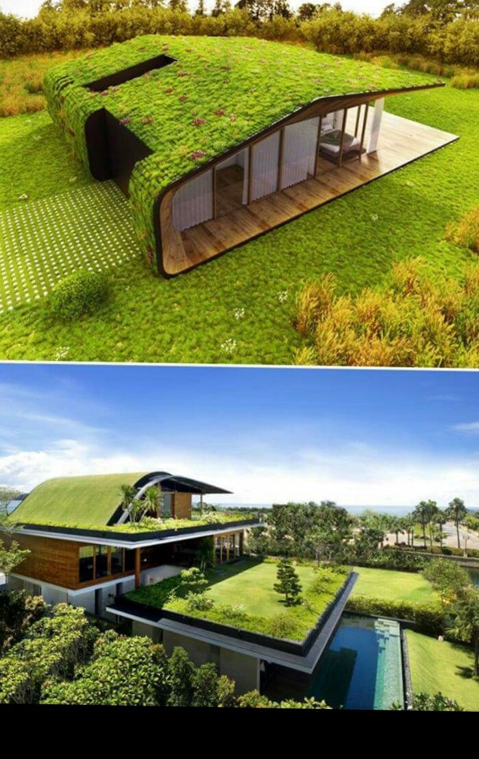 two pictures side by side with grass on the roof