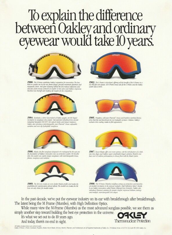 an advertisement for eyewear with different colors and styles on it, including the words'to explain the differences between oakley and ordinary eyewear would take 10 years