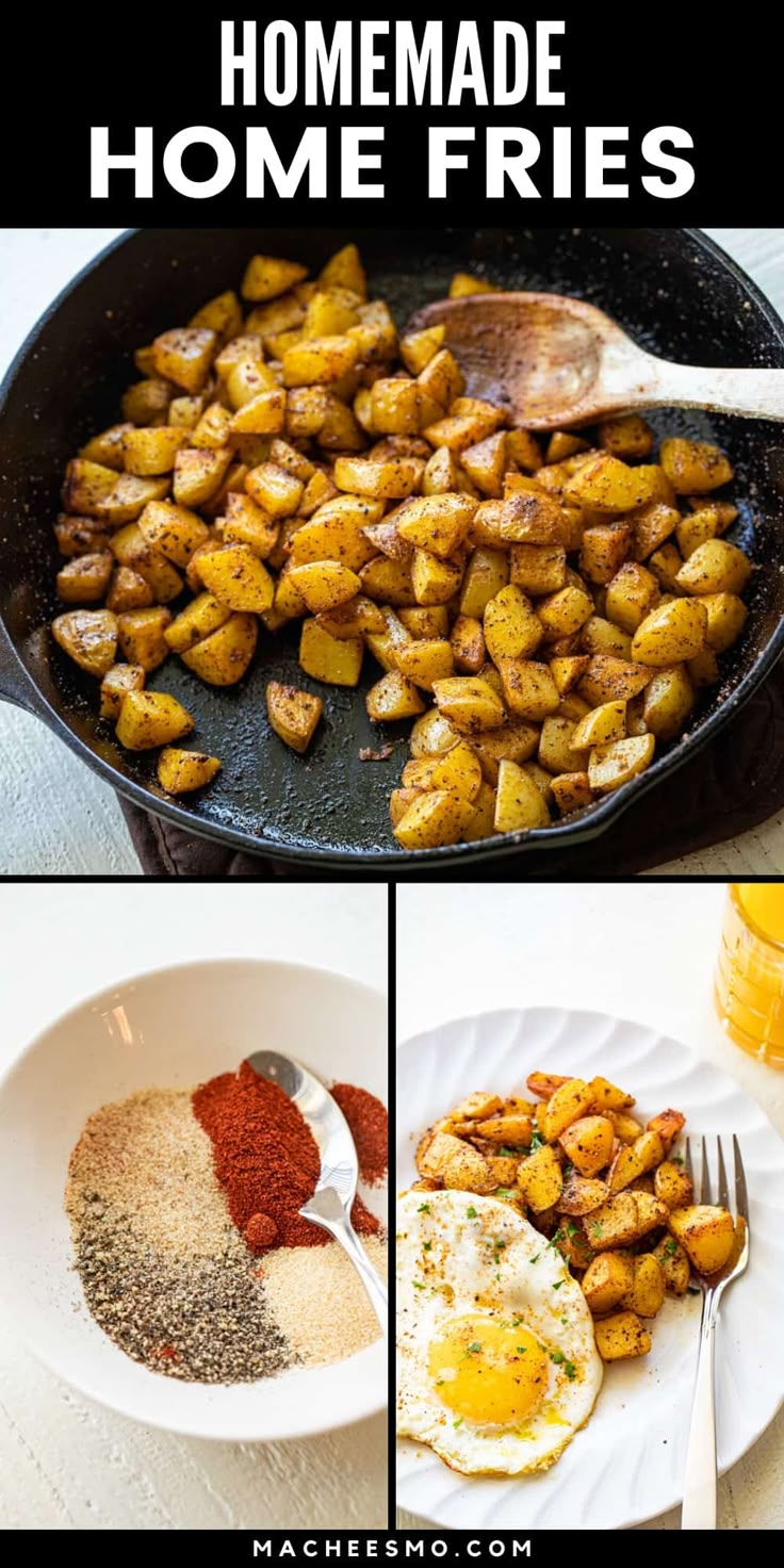 four different pictures showing how to make homemade fried eggs and potatoes in a skillet