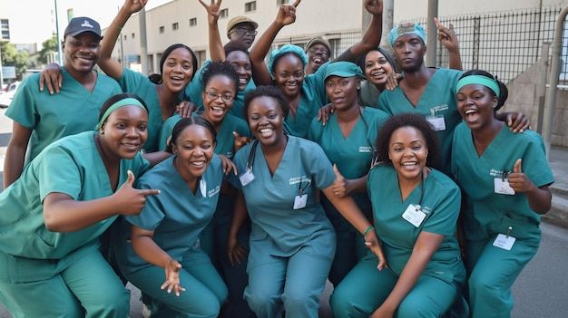 a group of women in scrubs are posing for a photo on the street with their hands up