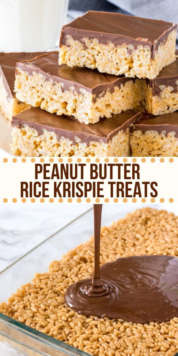 peanut butter rice krispie treats stacked on top of each other with chocolate frosting