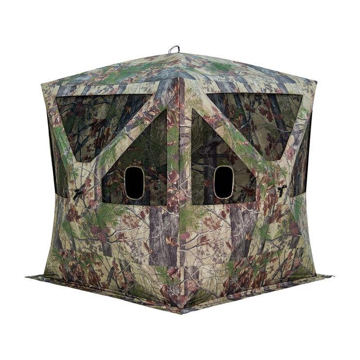 an image of a hunting blind with two holes in the front and one window open