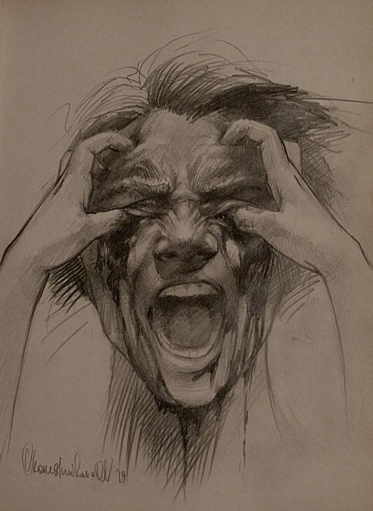 a drawing of a person holding their head in front of his face with both hands