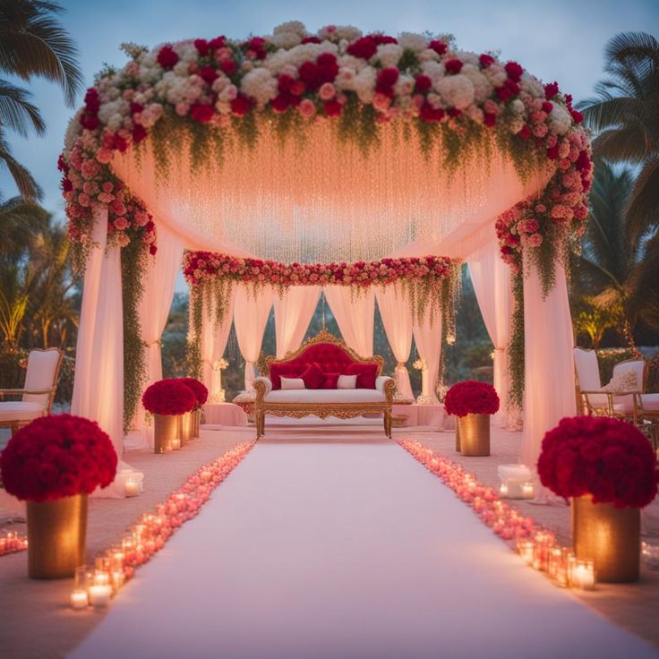 beautiful floral wedding decoration Wedding Decoration Red And White, Reception Indian Decor, Red And White Mandap Decor, Red And White Wedding Mandap, Shaadi Mandap Decoration, Red Stage Decoration, Red Mandap Decor, Shadi Mandap Decoration, Mandap Designs Indian