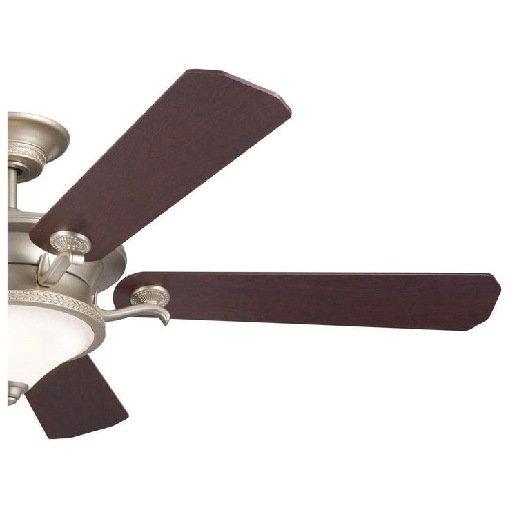 a ceiling fan with two dark wood blades