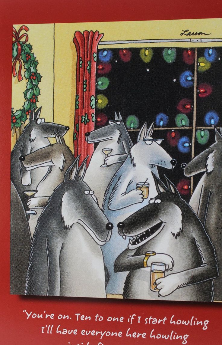 Far Side Christmas 2023 The Far Side, Gary Larson Wolf at a party greeting cards, Christmas