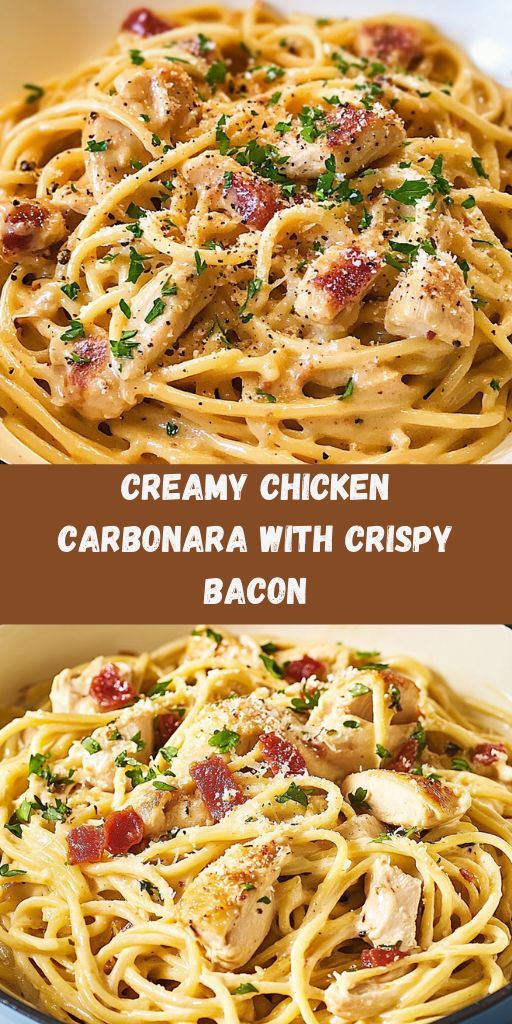 creamy chicken carbonara with crispy bacon is an easy dinner recipe that's ready in less than 30 minutes