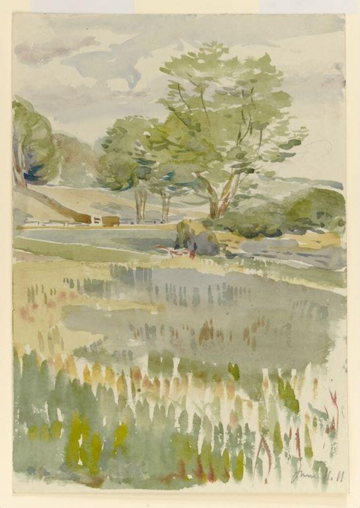 a watercolor painting of trees and grass in a field near a lake with a house on the other side