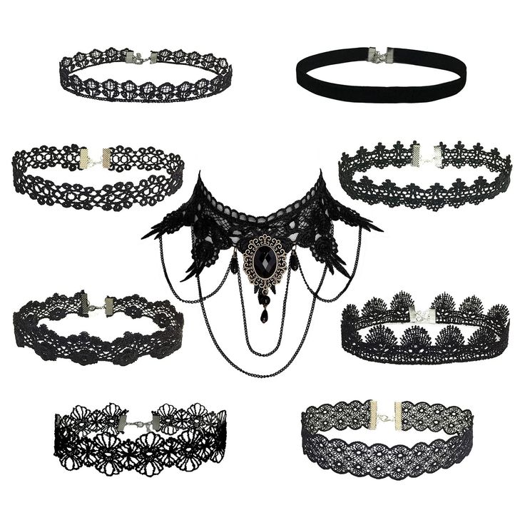 PRICES MAY VARY. Black Lace Choker : 9pcs for one set, different style. Gothic Necklace: 8 set style: 31cm/12.2" with 7cm/2.9"adjustable extender chain&lobster clasp, big lace style 12.6"with 2"adjustable extremder chain&lobster clasp, easy to wear and take off. Lace Choker Necklace Material: Made of lace with alloy chain. Application : Perfect gift for your families and friends, suitable for most occasions,like wedding, parties, graduation, birthday, new year or just casual wear. Multiple style Choker Tattoo, Gothic Choker, Black Lace Choker, Lace Choker Necklace, Dainty Gold Jewelry, Gothic Chokers, Gothic Tattoo, Lace Choker, Black Choker Necklace