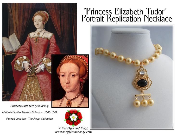 Sapphire & Sage Renaissance Jewelry and Accessories, www.sapphireandsage.com  Princess Elizabeth Tudor Portrait Replication Necklace in jet and pale gold   Opulent 10mm pearls glass pearls and 4mm metallic glass rocaille accent beads are hand-strung on sturdy Accu-Flex professional beading wire. Medieval Necklace, Tudor Dress, Replica Jewelry, Gold Topaz, The Royal Collection, Acrylic Gems, Light Sapphire, Princess Elizabeth, Elizabeth I