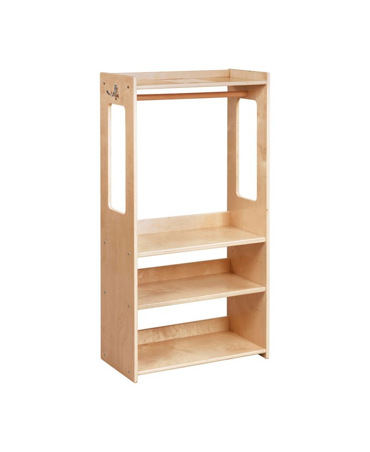 a wooden shelf with two shelves on each side