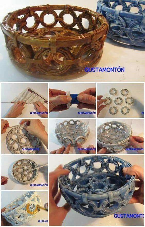 instructions to make a bowl out of old tires and washable paint, with pictures showing how to use them