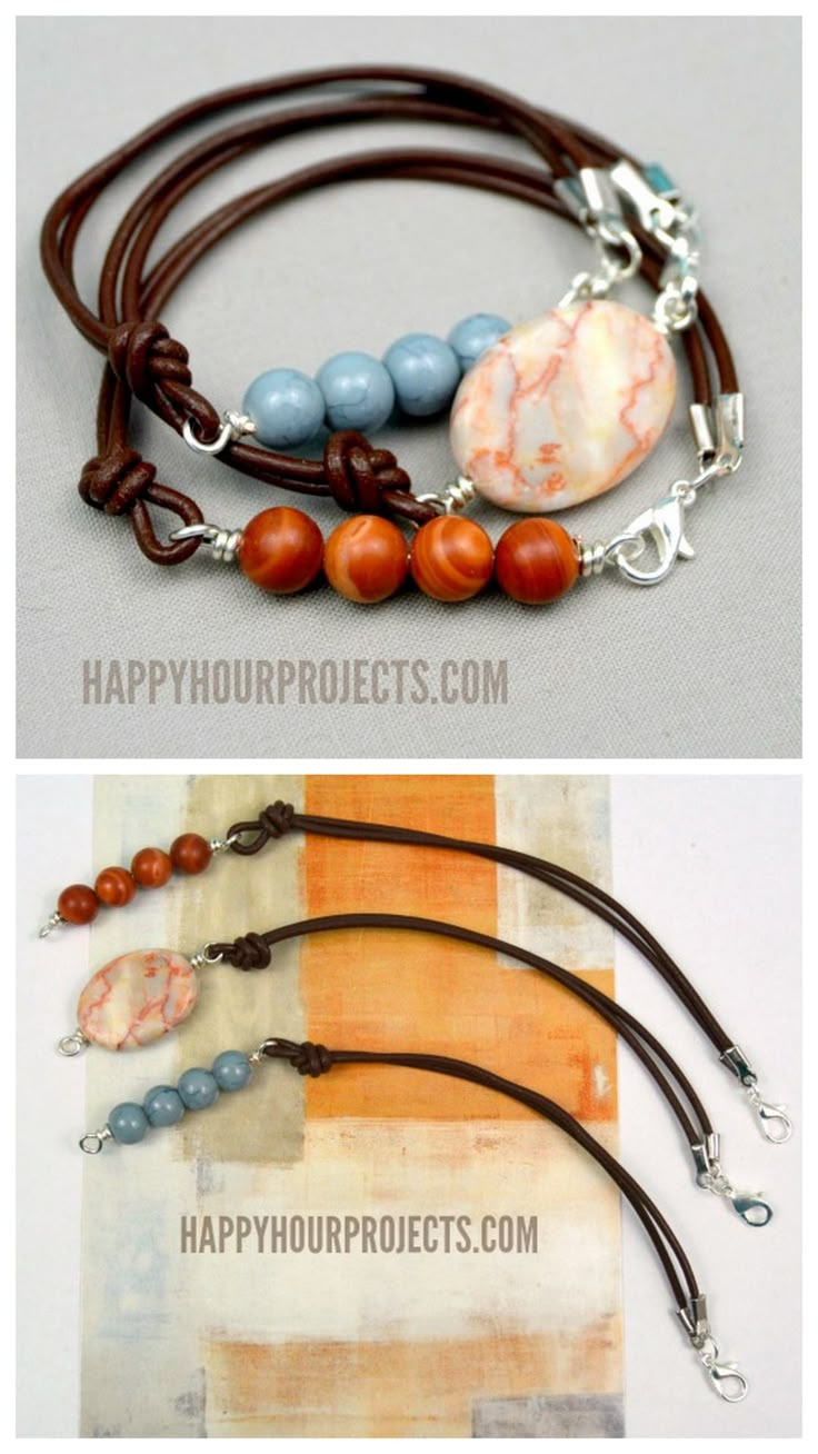 two pictures of different bracelets with beads and charms on each one, the same bead