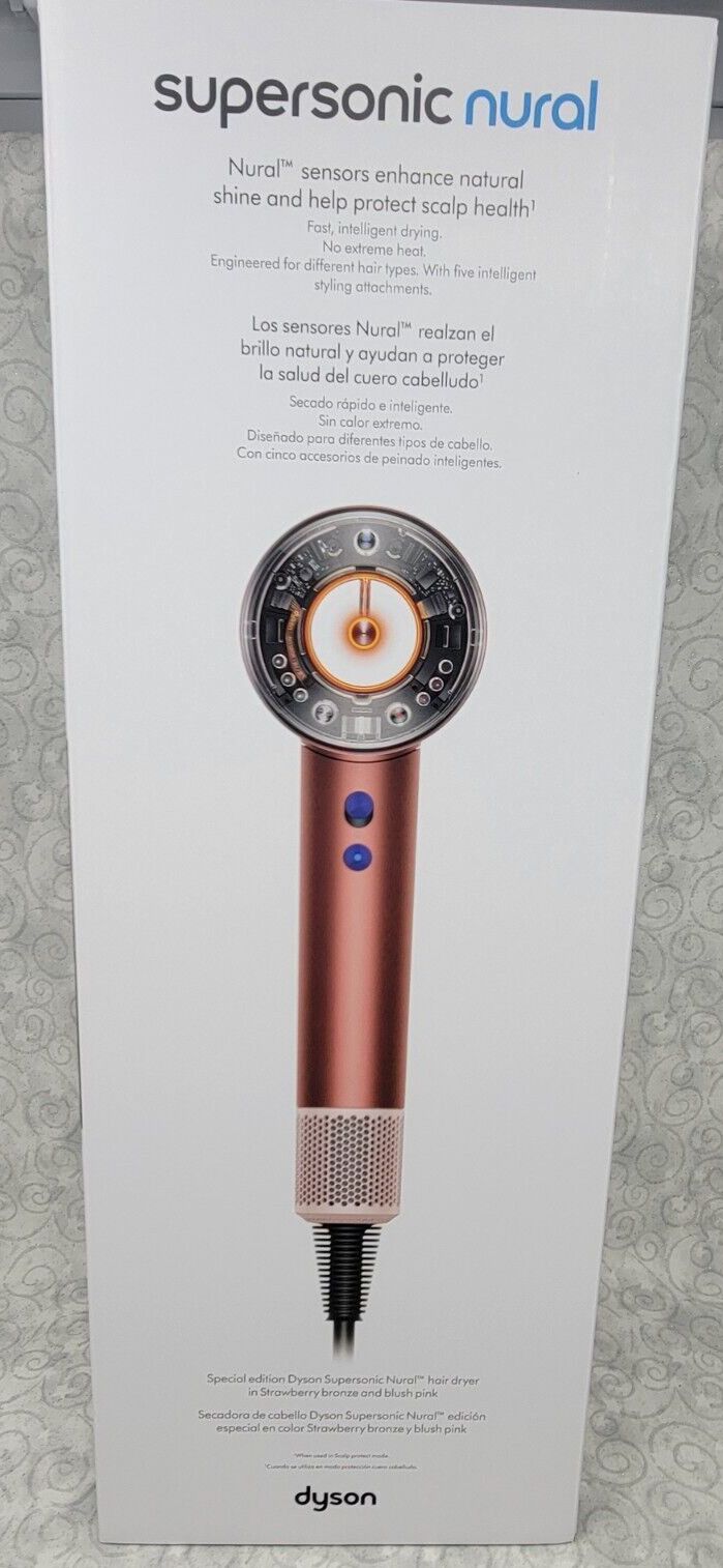 Dyson Supersonic Nural Hair Dryer - Strawberry Bronze w/Special Edition Storage Case Dyson described the new Dryer as "Auto-adapts to enhance natural shine and protect scalp health. Fast, intelligent drying. No heat damage. Learns your go-to styling preferences. Five Intelligent attachments." Item is Brand New / Sealed Package includes: - Supersonic Nural Hair Dryer - Strawberry Bronze - Wave+Curl Diffuser - Gentle air attachment - Styling Concentrator - Wide-tooth Comb - Flyaway Attachment - Special Edition Storage Curl Diffuser, Supersonic Hair Dryer, Dyson Supersonic, Waves Curls, Hair Dryers, Scalp Health, Wide Tooth Comb, Heat Damage, No Heat