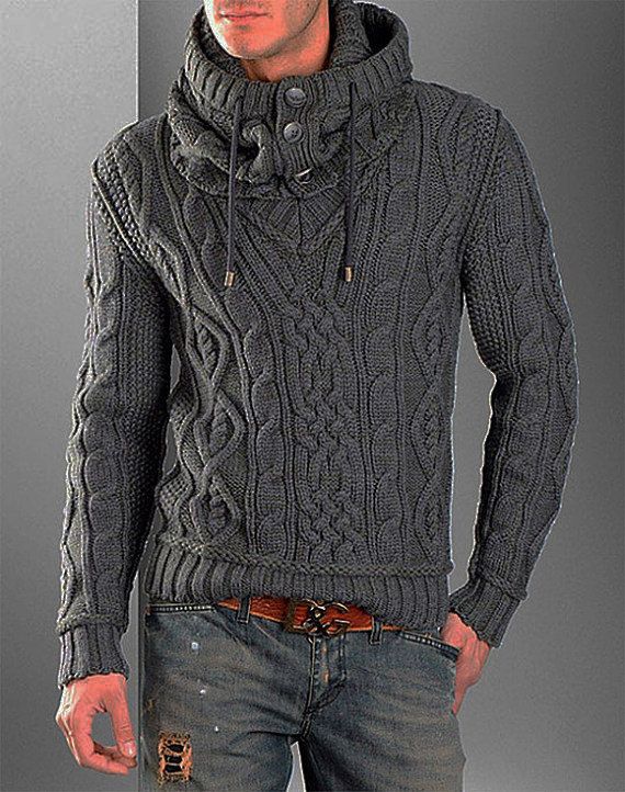 Sweater V neck men turtleneck hand knitted sweater cardigan Vogue Kids, Infinity Scarfs, Fashion Knitting, Pullover Mode, Aran Sweater, Knitting Fashion, Hat Knitting, Sharp Dressed Man, Hand Knitted Sweaters