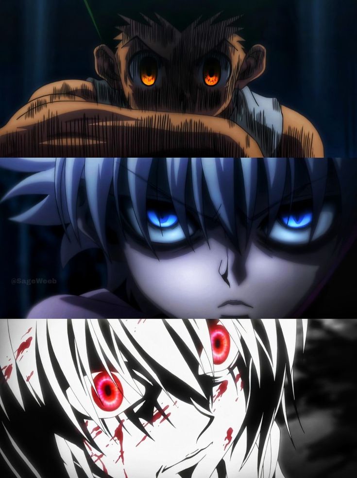 two anime characters one with red eyes and the other with blue eyes, both staring at each other