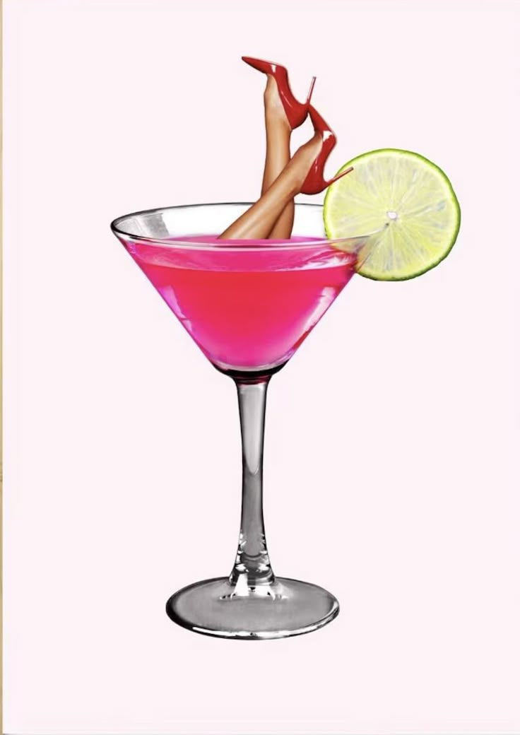 a woman's legs sticking out of the top of a martini glass with a lime slice