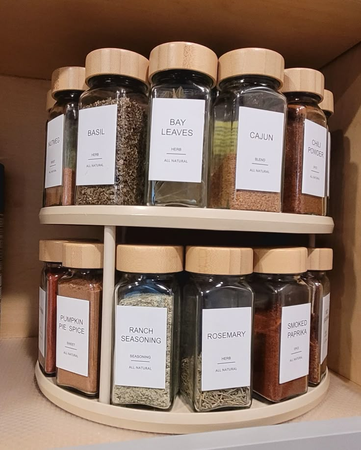 spices and seasonings are arranged on the shelves