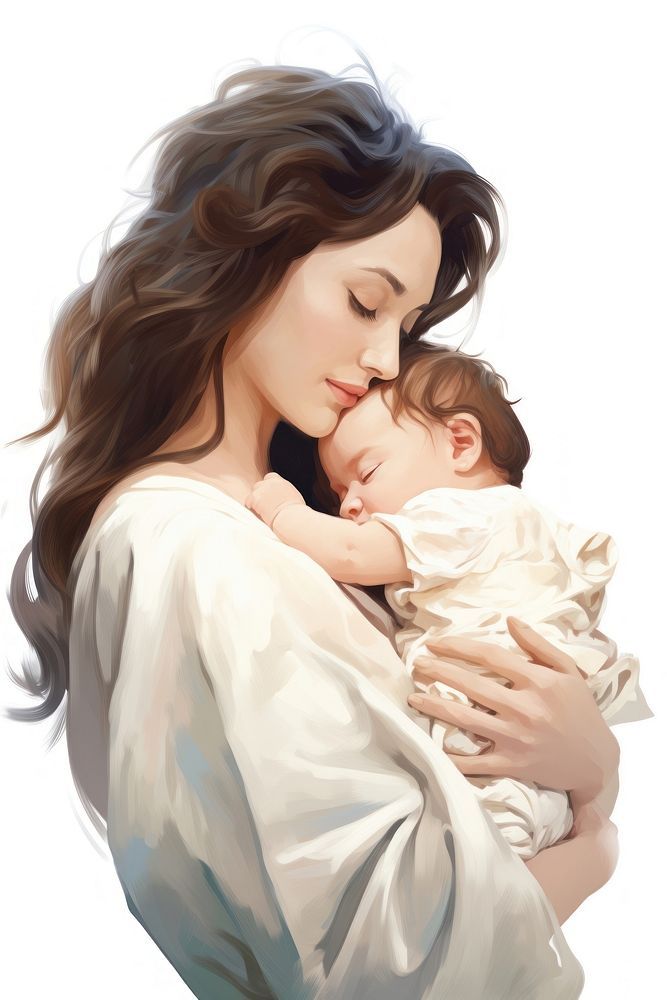 a painting of a woman holding a baby in her arms and looking at the camera