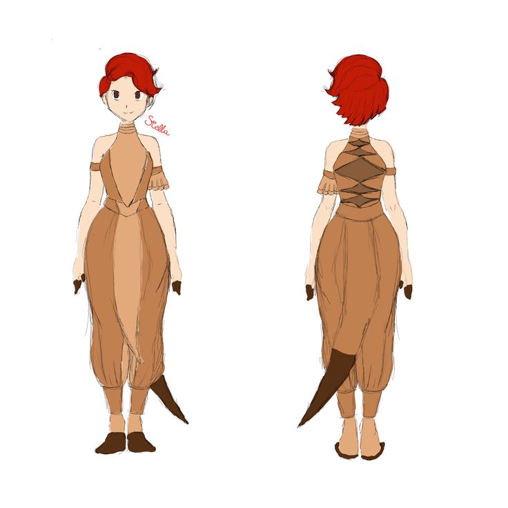 two different views of a woman with red hair and brown dress, one in the process of being drawn