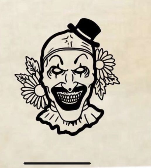 a drawing of an evil clown with flowers in his hair and wearing a top hat