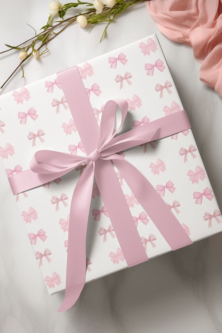 a white box with pink ribbon and bow on it sitting next to some flower stems