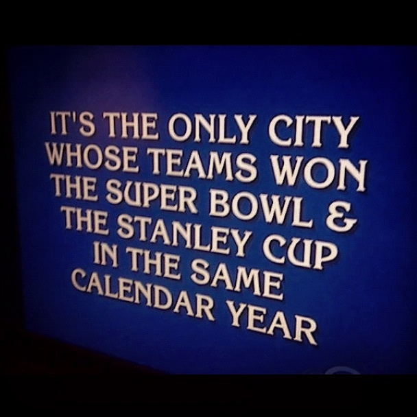 a tv screen with the words it's the only city whose teams won the super bowl & the stanley cup in the same calendar year