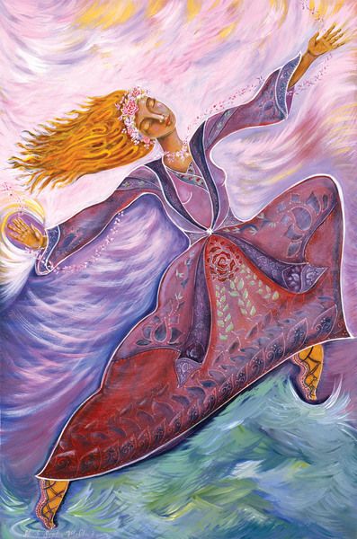 a painting of a woman flying through the air with her arms outstretched in front of her