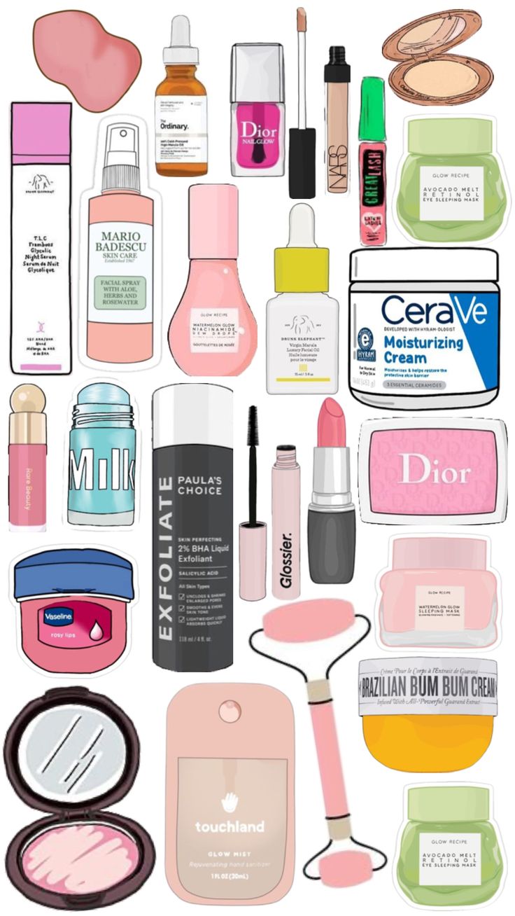 an assortment of cosmetics and beauty products on a white background with the words, i'm