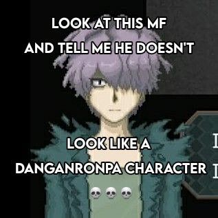 an anime character with purple hair and text that reads look at this mf and tell me he doesn't look like a danganronpa character