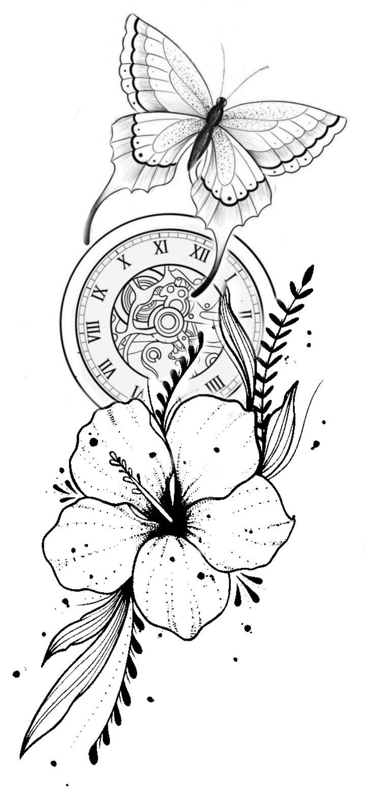 a drawing of flowers and a clock with butterflies on it's back side, as well as a butterfly sitting on top of the clock