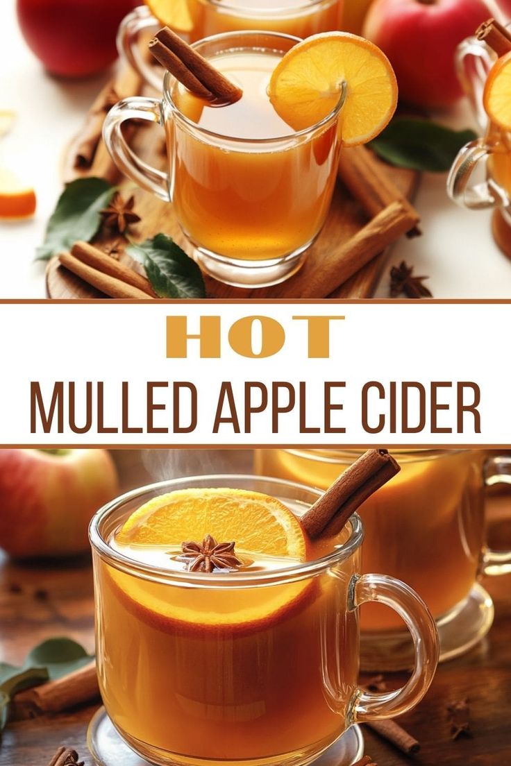 hot mulled apple cider with cinnamon and apples in the background