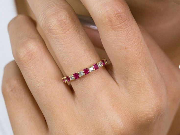 Ruby Wedding Band, Anniversary Ring, Natural Ruby Ring, Ruby Wedding Ring, Engagement Ring, July Birthstone Ring, Half Eternity Band, Anniversary Gift, Half Eternity Ring, Gift For Her, Art Deco Ring, Ruby Band Ring, Ruby Eternity Ring White Ruby Ring With Prong Setting For Wedding, Ruby Eternity Band For Wedding, Wedding Ruby Eternity Band In Fine Jewelry Style, Wedding Ruby Eternity Band In Yellow Gold, Classic Ruby Eternity Band For Wedding, Wedding Yellow Gold Ruby Eternity Band, Ruby Eternity Band With Prong Setting For Wedding, Stackable Ruby Eternity Band For Weddings, Stackable Yellow Gold Ruby Ring For Wedding