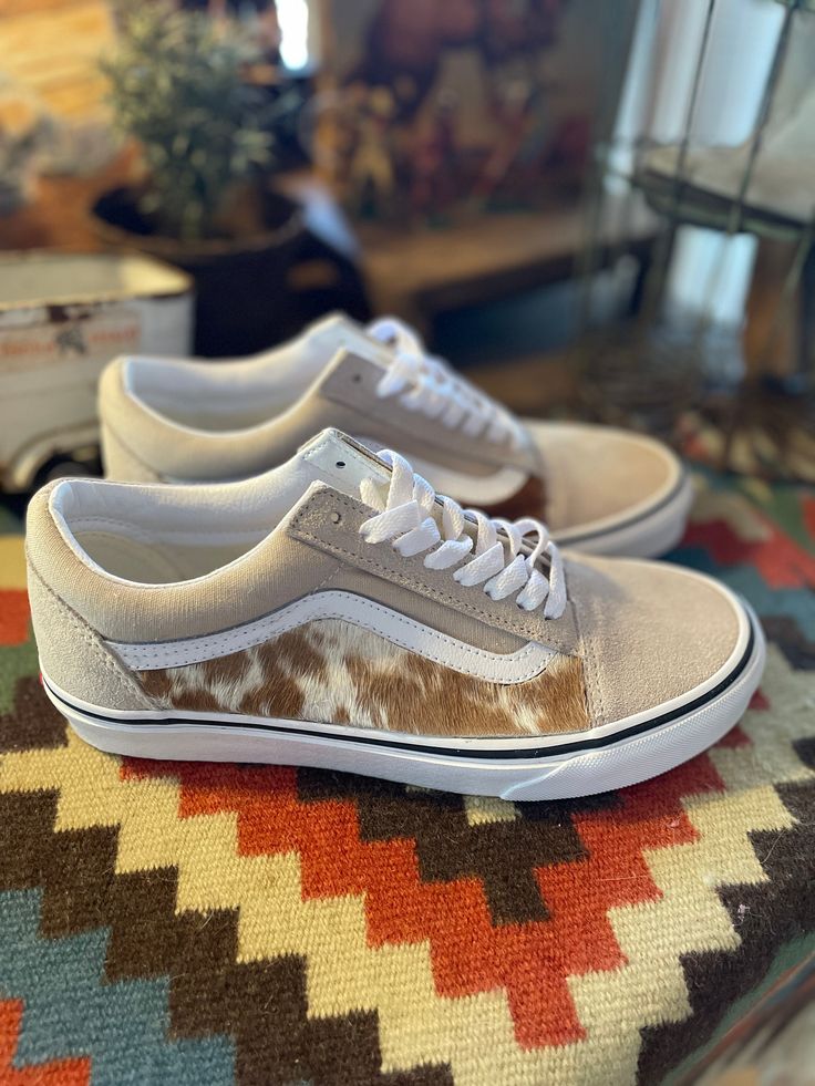 We have had so much fun putting these Old Skool Vans together with the added cowhide. You choose the color shoe + color cowhide!! Custom made just for you!!  Wear them with everything! Durable suede and canvas uppers. Cute Western Shoes Women, Country Shoes Women, Cowhide Boots Outfit, Western Tennis Shoes, Cute Western Shoes, Western Converse, Western Sneakers, Western Vans, Nfr Rodeo