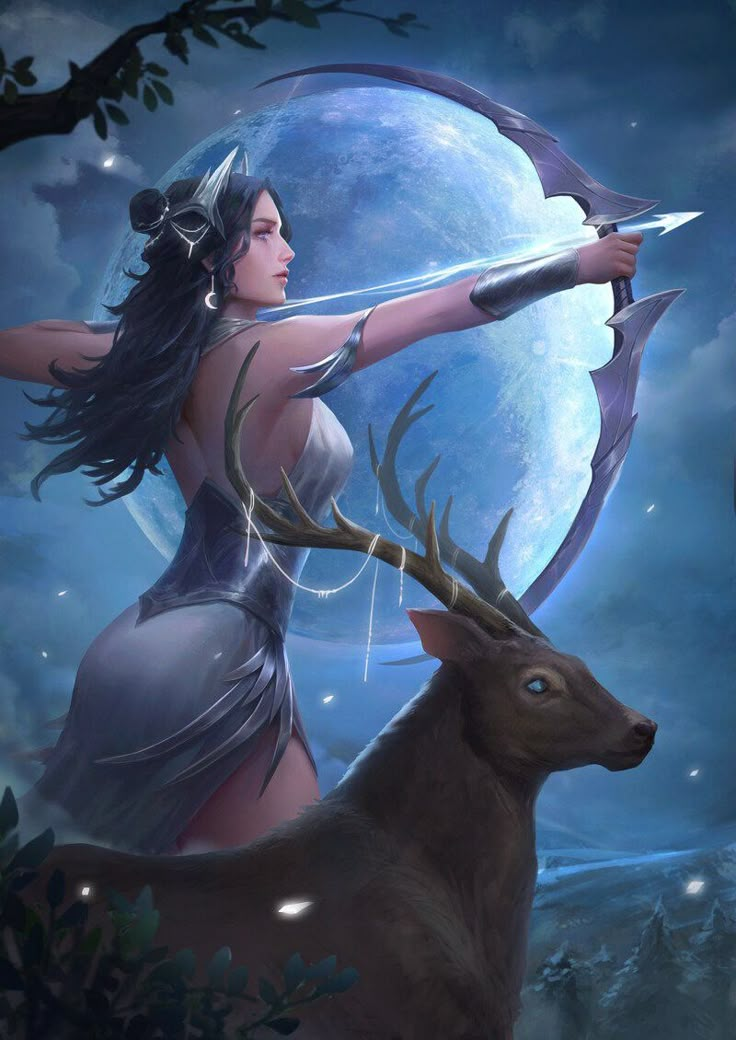 a woman holding a bow while standing next to a deer in front of a full moon