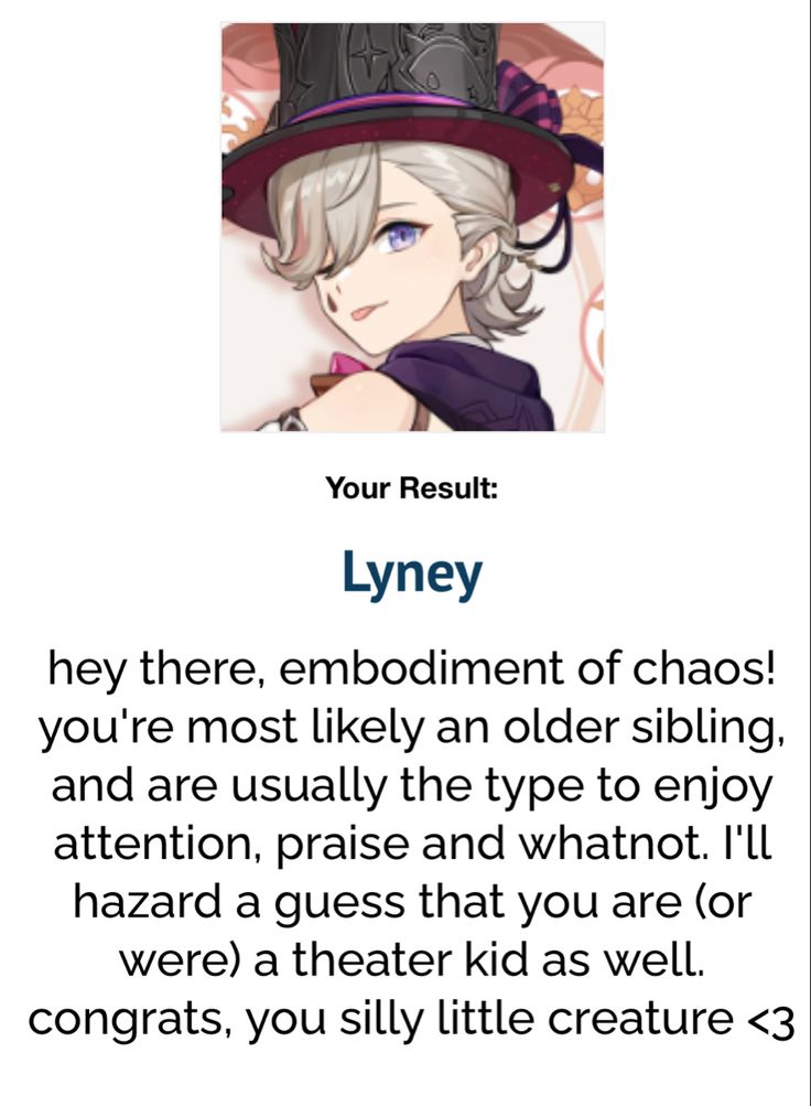 an anime character is shown with the caption that reads, your result lyncy