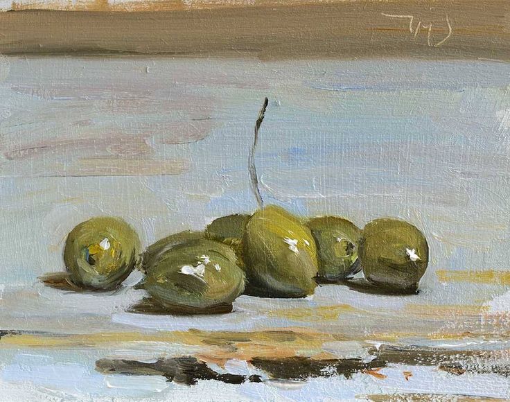 an oil painting of some green fruit on a table