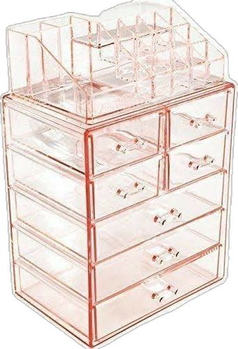 a clear plastic drawer with drawers on the top and bottom section, in front of a white background