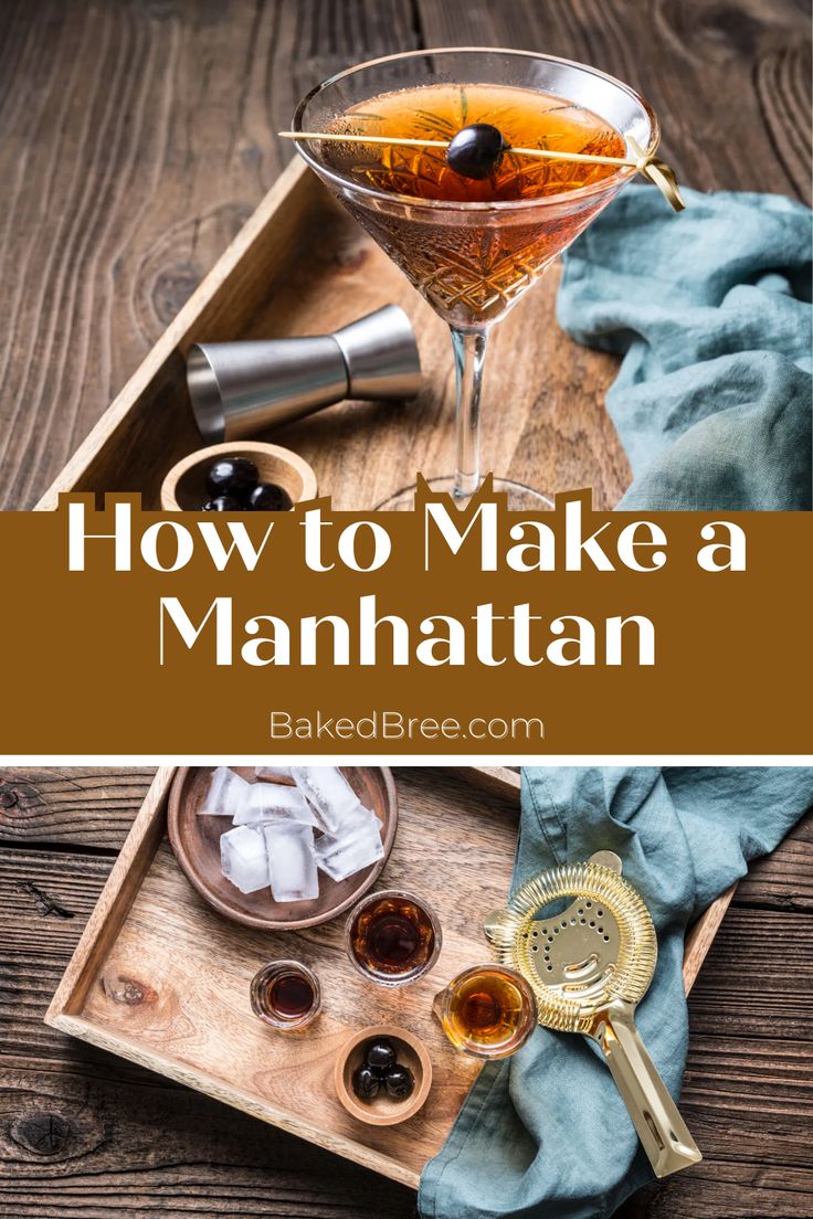 how to make a manhattan cocktail in a martini glass on a tray with ice cubes