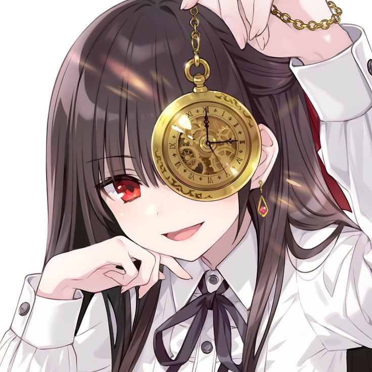 a girl with long black hair wearing a white shirt and holding a gold clock on her head