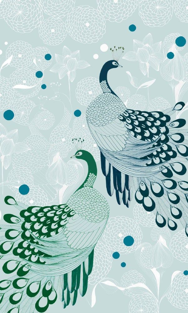 two peacocks standing next to each other on a blue and green background ...