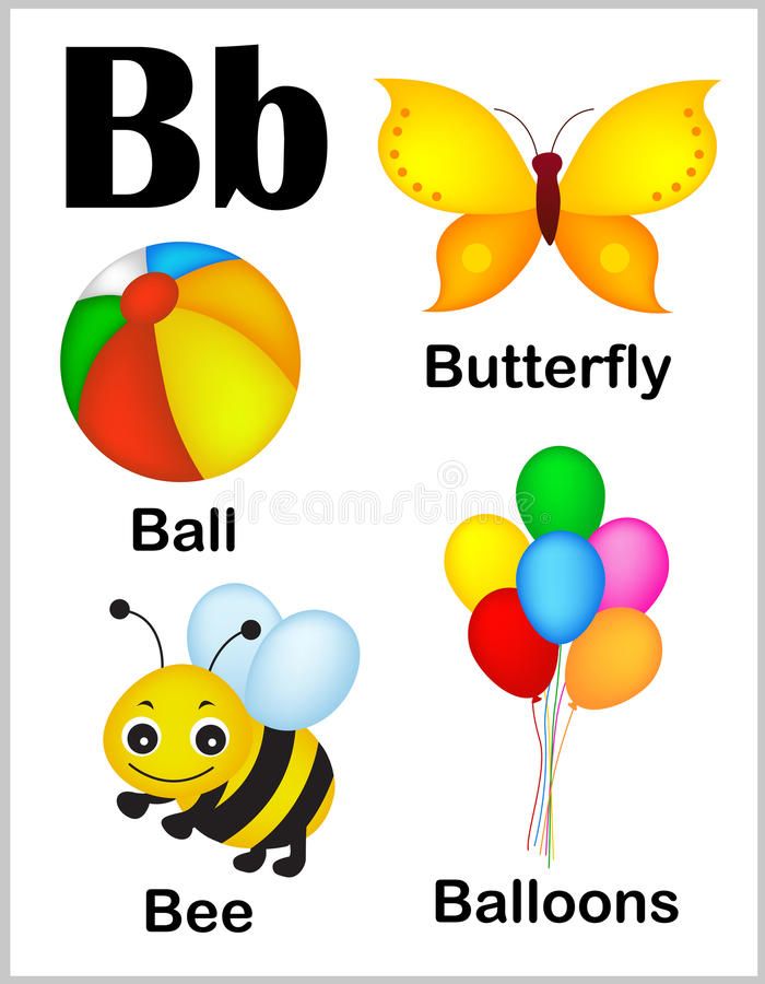 the letter b is for butterfly, bee, ball, and balloons with pictures of them