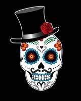 a skull with a top hat and flowers on it's head, in the dark