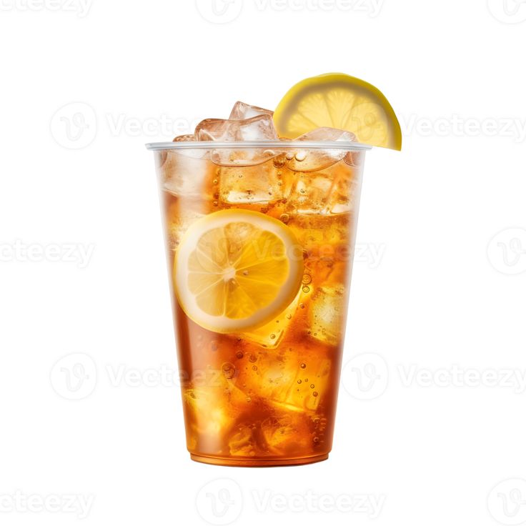 an iced drink with lemon and ice in a plastic cup isolated on a white background