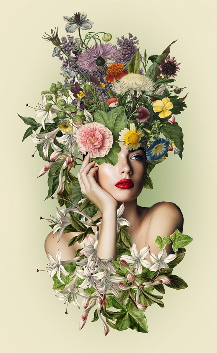 a woman with flowers on her head is surrounded by greenery and other things in front of her face