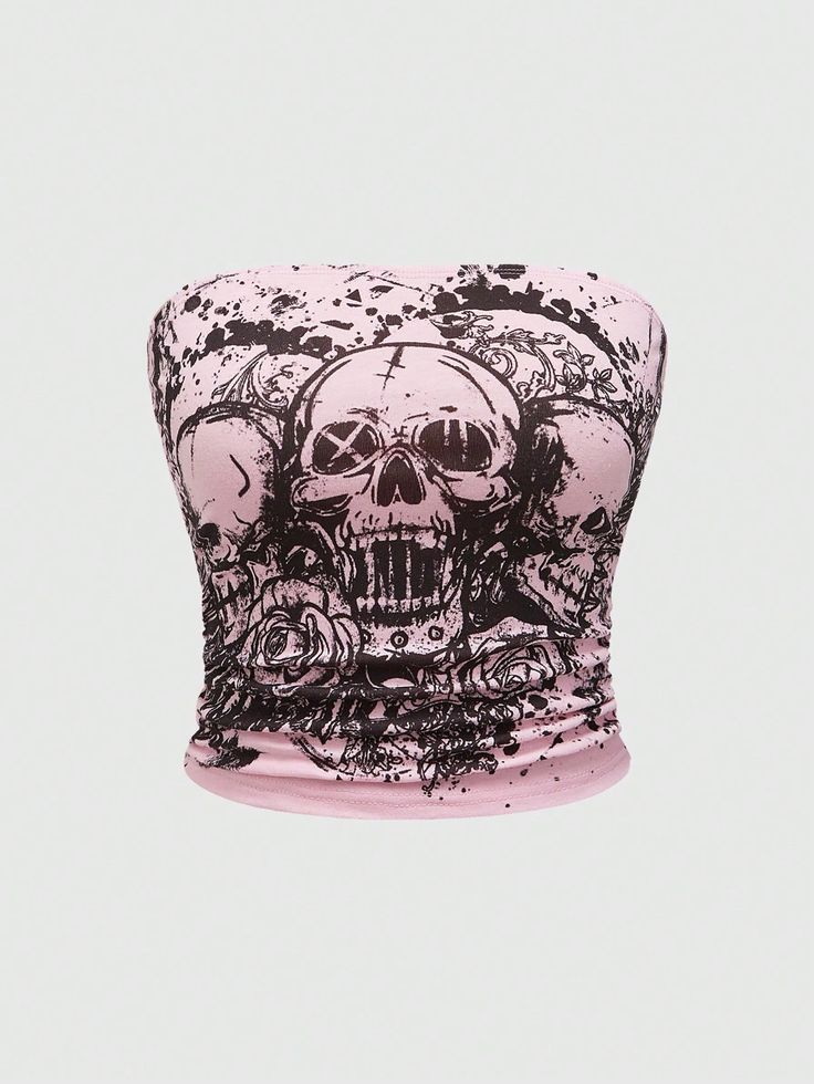 Women's Summer Fashion Pink Skull Printed Ruched Slim Fit Bandeau Top Baby Pink Casual  Sleeveless Fabric Floral,Halloween,Plants,All Over Print  Slight Stretch  Women Clothing, size features are:Bust: ,Length: ,Sleeve Length: Camo Tube Top, Emo Tube Top, Goth Tube Top, Tube Tops Y2k, Horror Movie Clothes, Tops Rosas, Pink Grunge Outfits, Goth Aesthetic Clothes, 2000 Tops