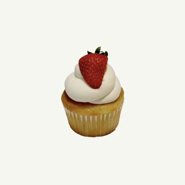 a cupcake with white frosting and a strawberry on top is shown in front of a white background