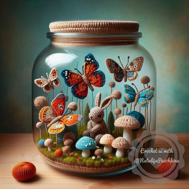 a glass jar filled with lots of different types of mushrooms and butterflies on top of a wooden table