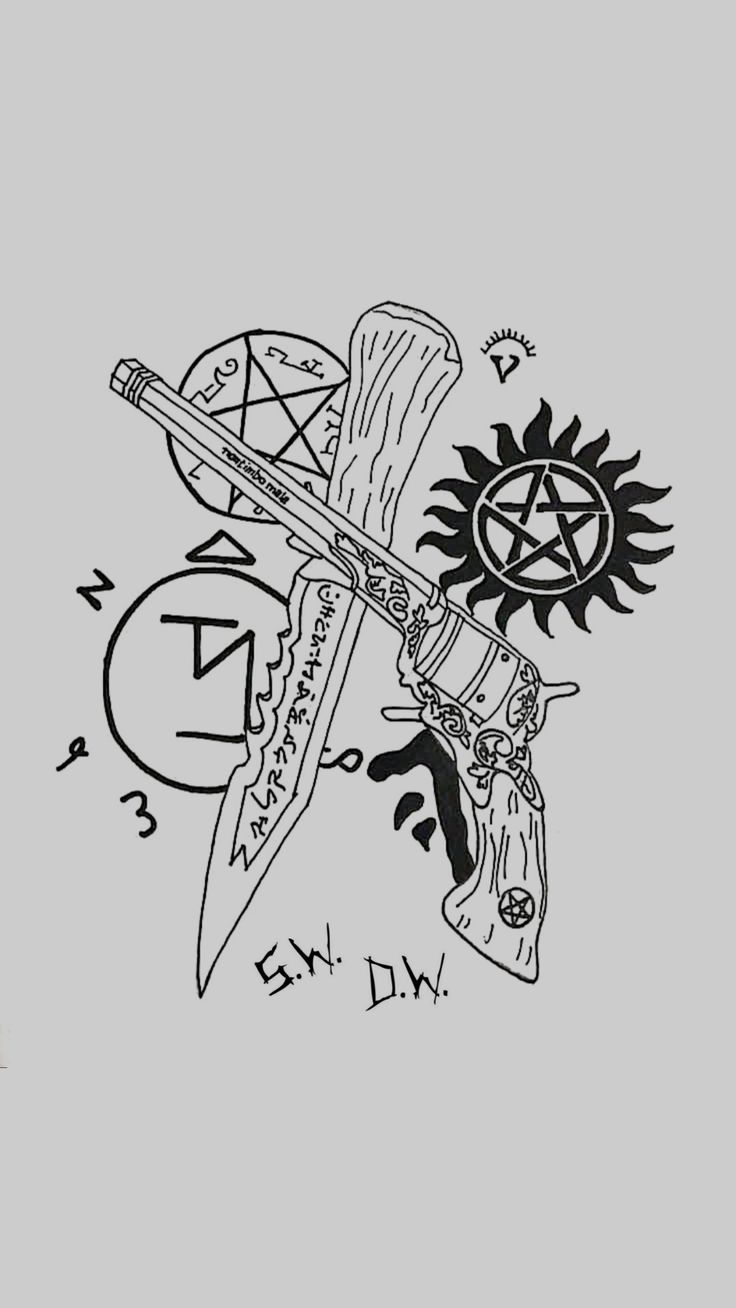 a black and white drawing of a knife with pentagramil on it